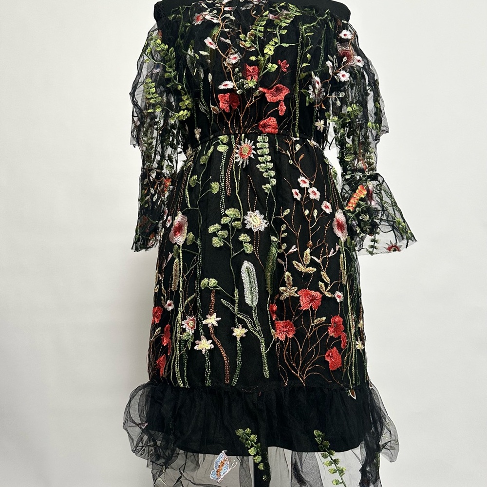 Club L London Floral Black Off the Shoulder Bell Sleeve Dress